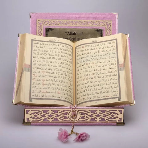 Kadife Kutulu Kur'an-ı Kerim (Pembe, Gold Süsleme)