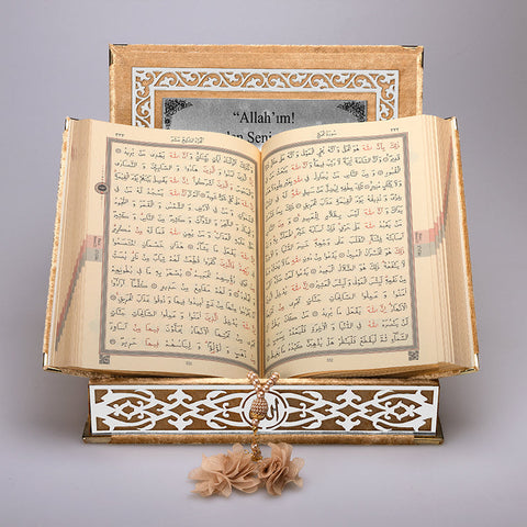 Kadife Kutulu Kur'an-ı Kerim (Gold, Gümüş Süsleme)