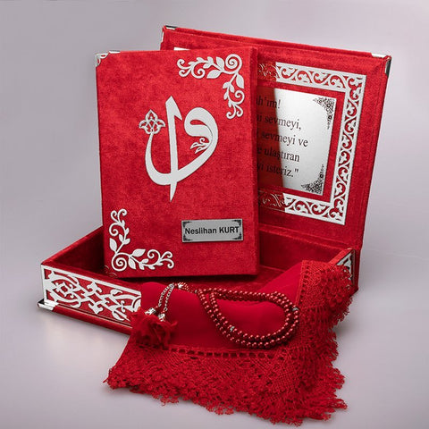 Kadife Kutulu Kur'an-ı Kerim Seti (Kırmızı, Gümüş Süsleme)