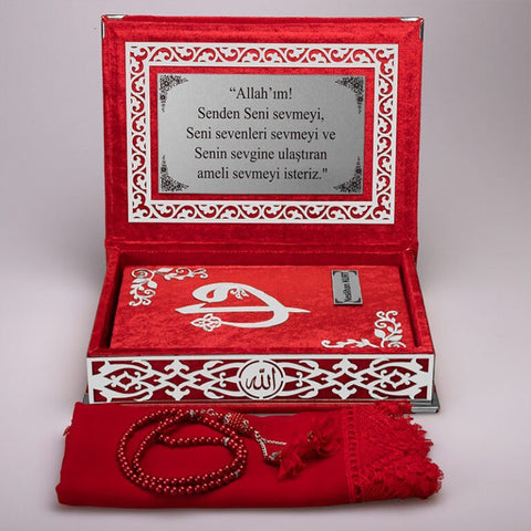 Kadife Kutulu Kur'an-ı Kerim Seti (Kırmızı, Gümüş Süsleme)
