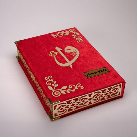 Kadife Kutulu Kur'an-ı Kerim Seti (Kırmızı, Gold Süsleme)