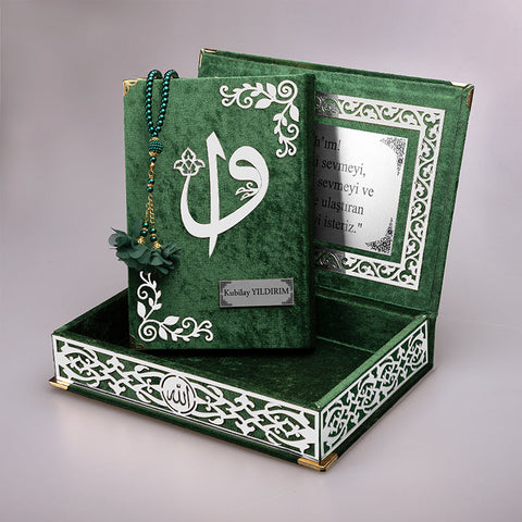 Kadife Kutulu Kur'an-ı Kerim (Yeşil, Gümüş Süsleme)